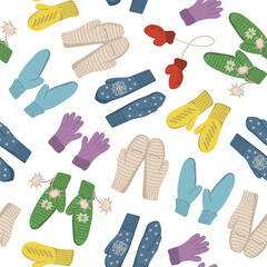 Vector seamless pattern with knitted mittens of different colors with a pattern. Winter background for wallpaper and packaging.