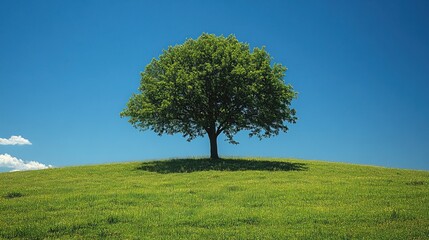 Obraz premium A solitary tree stands in a verdant field under a clear blue sky.
