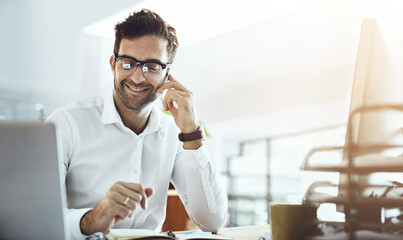Businessman, happy and phone call in office with communication, networking or connection. Working, male person and employee at company as project manager in corporate on mobile tech for conversation