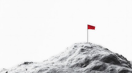 Red flag waving on top of a snow-covered mountain peak against a white background.