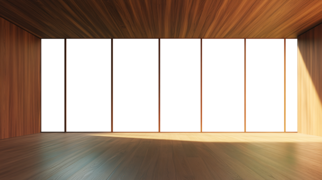 Wood-clad great room with floor-to-ceiling windows cutout to transparency to customize the view. 