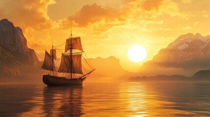 Fototapeta premium A sailing ship navigates the calm waters of a bay at sunset, with mountains in the background.