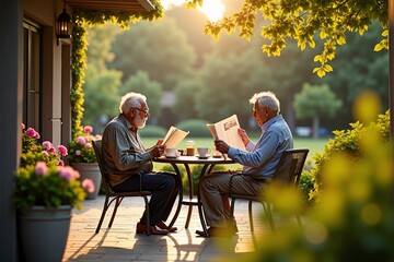 Elderly couple enjoying a peaceful morning with coffee and newspapers on the patio