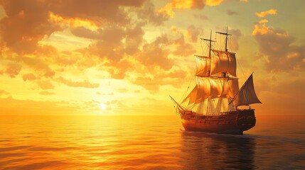 A sailboat sails across the ocean at sunset, with the sun setting behind it and the water reflecting the warm colors of the sky.
