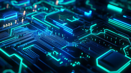 Futuristic circuit board patterns glowing with neon blue and green light