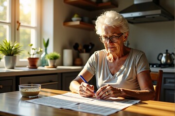 Older woman doing a crossword puzzle while sitting in a sunny kitchen