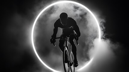 Silhouette of a cyclist riding through a glowing ring.
