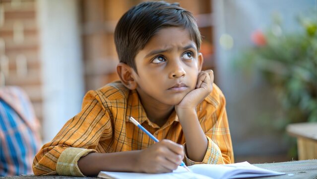 An Indian boy daydreaming while trying to concentrate on his writing.
 - Powered by Adobe