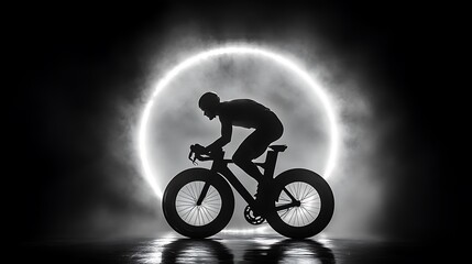 Obraz premium Silhouette of a cyclist riding a bicycle through a glowing ring.