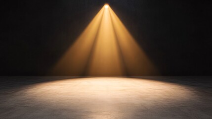 Golden spotlight illuminating a dark stage, soft beams spreading outwards, elegant and regal mood.