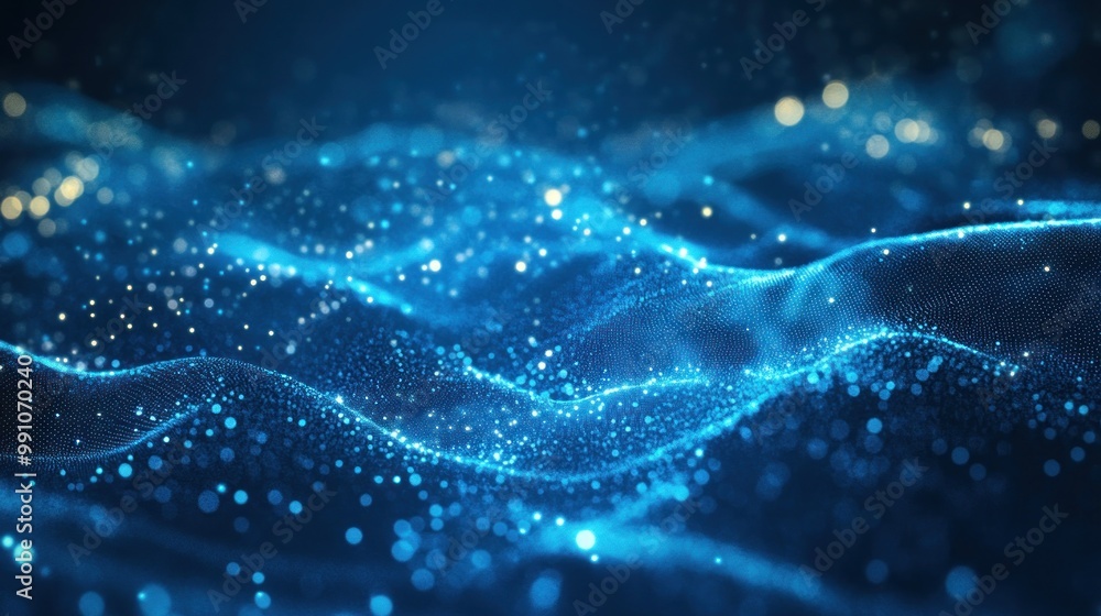 Aufkleber a mesmerizing abstract representation of flowing waves with glowing particles in a dark background.