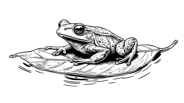 recommend clip art: Detailed black and white illustration of a frog sitting on a leaf.