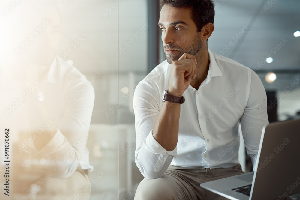 Poster laptop, vision and business man thinking, brainstorming idea or insight for sales growth. serious, c