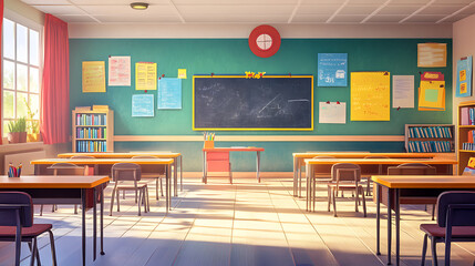 background with a modern classroom featuring desks, a chalkboard, and educational posters