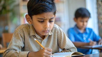 An Indian boy looking disengaged from the lesson while scribbling in his notebook.
