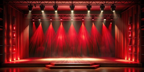 Empty stage with dramatic red lighting, perfect for theatrical performances, concerts, dance shows, and events