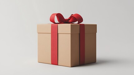 A square brown gift box with a red ribbon tied around it.