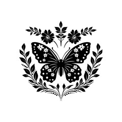 Abstract linocut flowers with magic, girls and mystical in ornate rural folk scandinavian style. Hand drawn Illustration, Linocut Blockprint.