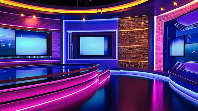Modern TV studio with vibrant LED lighting, futuristic set design, digital screens, and sleek architecture for broadcasting and production.

