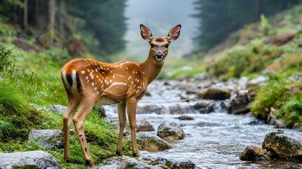 Young deer standing by a serene stream in a lush forest setting.