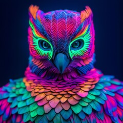 Naklejka premium A vibrant, colorful owl with striking, neon feathers and bright eyes against a dark background, showcasing artistic and whimsical design.