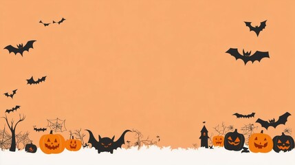Orange Halloween Background with Pumpkins and Bats