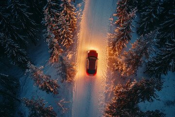 Aerial view of a car driving by night on the snowy road in the forest.