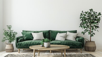 Living Room End Table. Bohemian Interior with Dark Wall, White Background, and Green Sofa