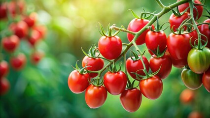 Obraz premium Red cherry tomatoes on green branch, fresh raw vegetable , cherry tomatoes, red, green, branch, raw, fresh, vegetable, organic