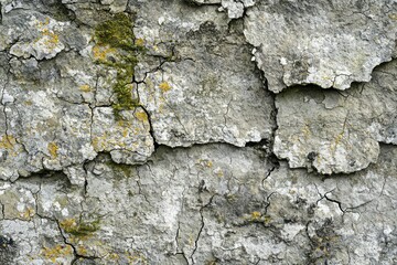 Obraz premium Cracked and Weathered Rock Surface with Green and Yellow Lichen