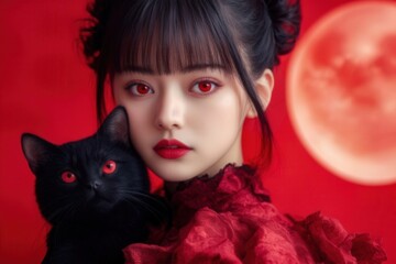 A mysterious woman with red accents and a black cat, set against a blood moon backdrop, creates an enchanting, gothic atmosphere.