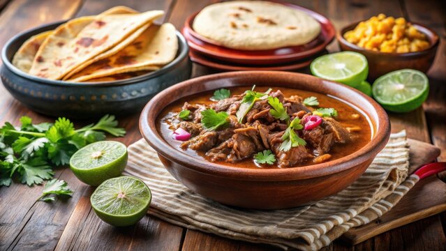 Beef birria served with tortillas in background, beef, birria, Mexican, traditional, stew, meat, spicy, delicious, food
