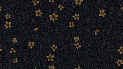 This artwork showcases an elaborate Baroque floral design, emphasizing vivid golden swirls and exquisite dark flowers, capturing a rich historical aesthetic filled with depth  SEAMLESS PATTERN