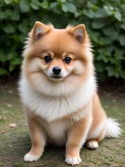 Fluffy Pomeranian Puppy Sitting Outdoors - Generative AI