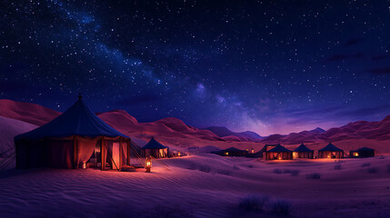 Charming background with a scenic desert retreat, showcasing tents, a starry sky, and a romantic, tranquil atmosphere