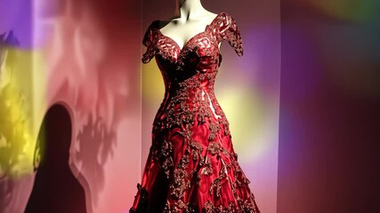 Elegant Red Dress on Mannequin With Changing Lights - Powered by Adobe