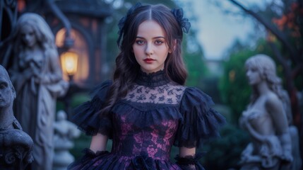 A mysterious young woman in a gothic dress stands amidst eerie statues and dim lighting, creating an enchanting, haunting atmosphere.