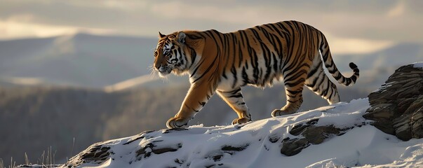 1 Tiger walking across a snowcovered mountain ridge full body, realistic environment, copy space