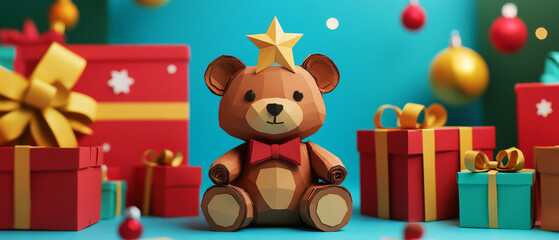 Fototapeta premium A cheerful paper bear sits among colorful gifts, adorned with star on its head, creating festive atmosphere perfect for holiday season