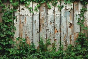 Weathered Wooden Fence Covered in Green Vines