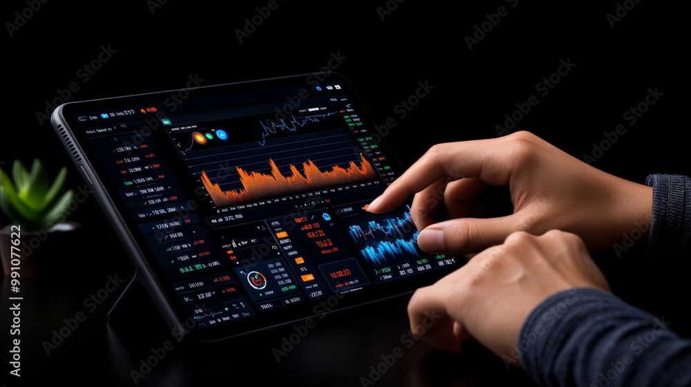 Poster data driven decisions: close-up of hands analyzing financial data on a tablet, with a blurred backgr