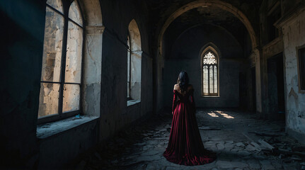 Naklejka premium A mesmerizing vampiress in an abandoned castle