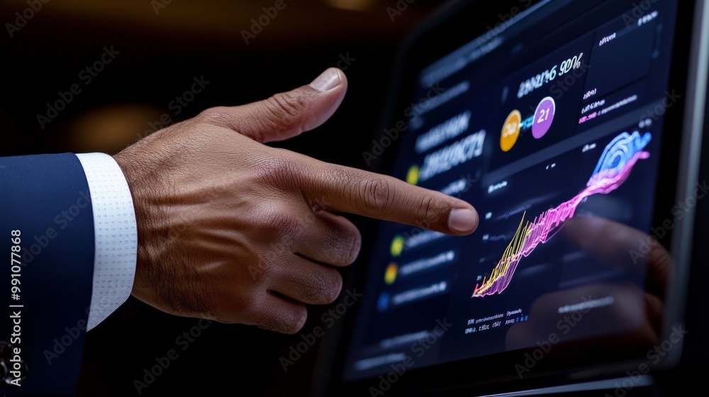 Poster data driven decisions: a close-up of a businessman's hand pointing to a data visualization on a comp