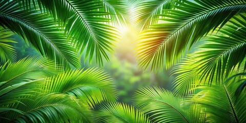 Green palm leaves in a tropical setting , palm, leaves, tropical, green, foliage, nature, vibrant, lush