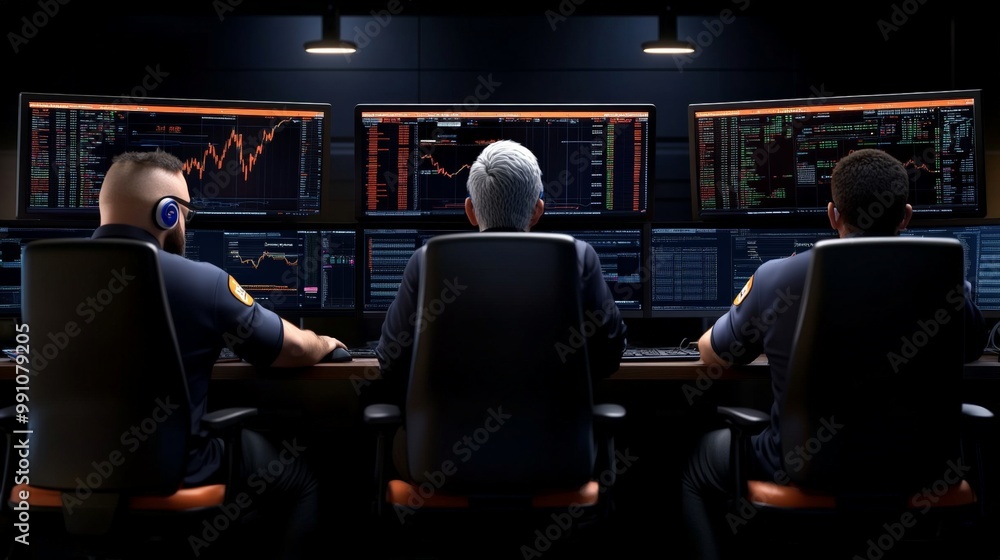 Poster the watchful eye: a trio of security personnel, each with a focused gaze, monitor a bank of computer