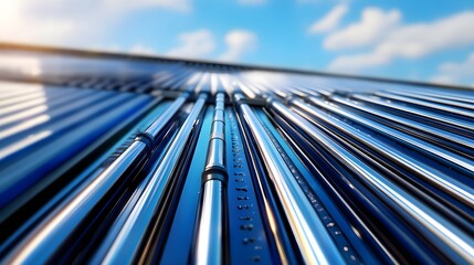 Close-up of modern solar panels with a bright sky background, showcasing clean energy technology and sustainable power solutions.