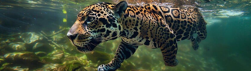 27 Jaguar swimming across a river full body, realistic nature, copy space