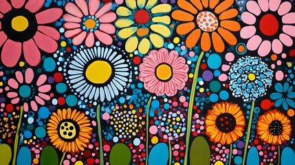 Floral Painting Art, Kusama Style, Colorful Flowers, Minimalist, Abstract Image, Texture, Pattern Background, Wallpaper, Smartphone Cover and Screen, PC, Laptop, 9:16 and 16:9 Format