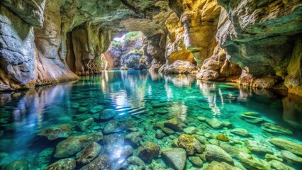 Crystal clear water flowing through a natural underground cave formation, cave, underground, water, source, grotto, crystal clear