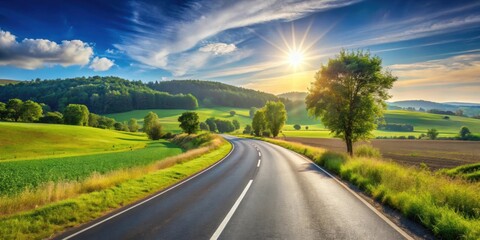 Asphalt road winding through lush countryside on a sunny summer day, asphalt, road, panorama, countryside, sunny, summer